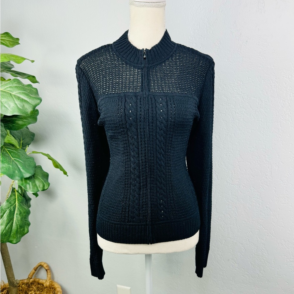 St. John Collection Black Shimmer Sparkle Loose Cable Knit Wool Blend Jacket